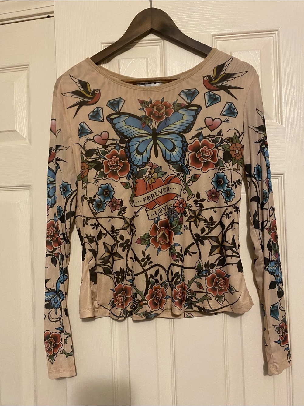 Tattoo-Print Long Sleeve Mesh Top
